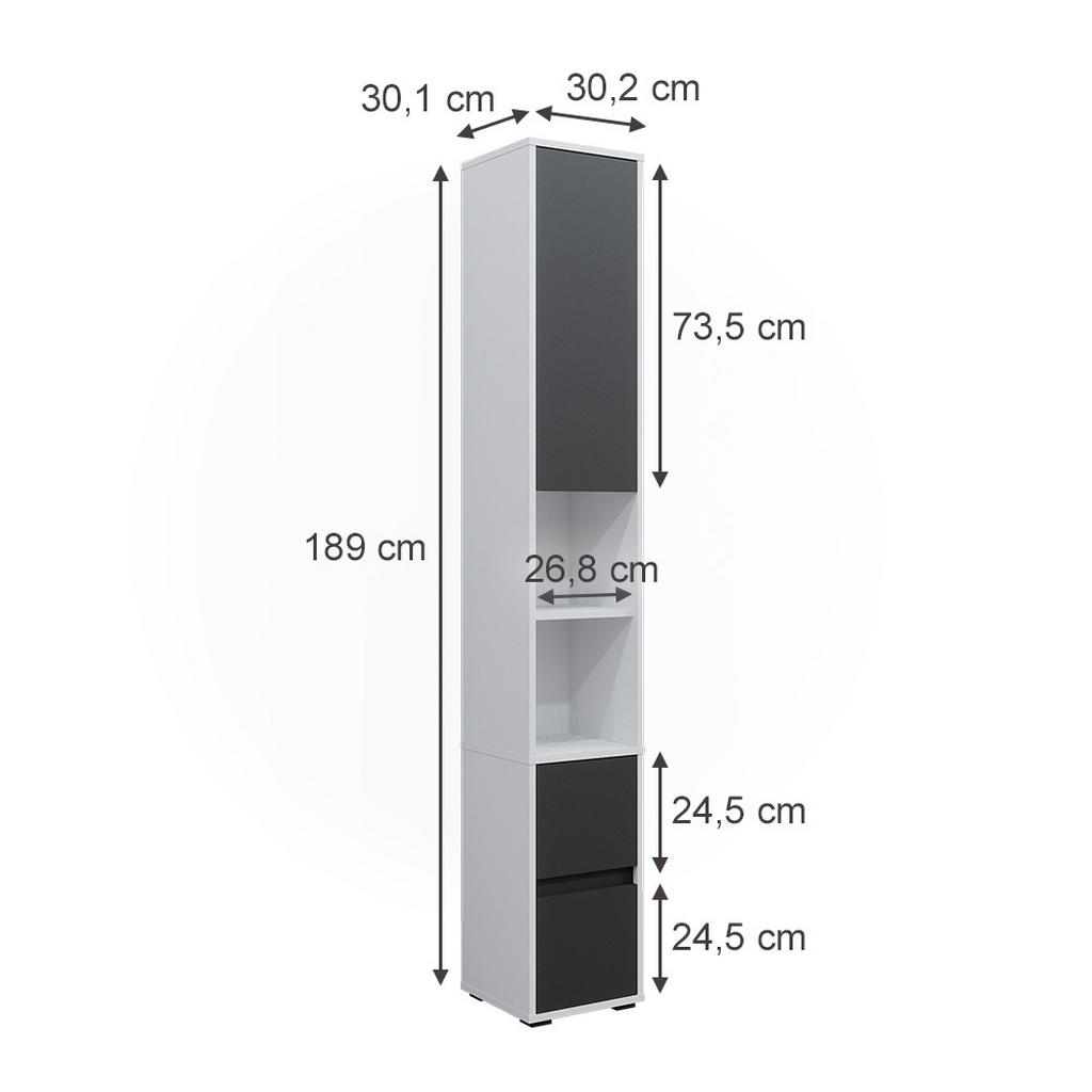 Thumbnail - Vicco Hochschrank, Weiß, Anthrazit, Holzwerkstoff, 6 Fächer, 2 Schubladen, Rechteckig, 30.2x189x30.1 cm, Badezimmer, Bad...
