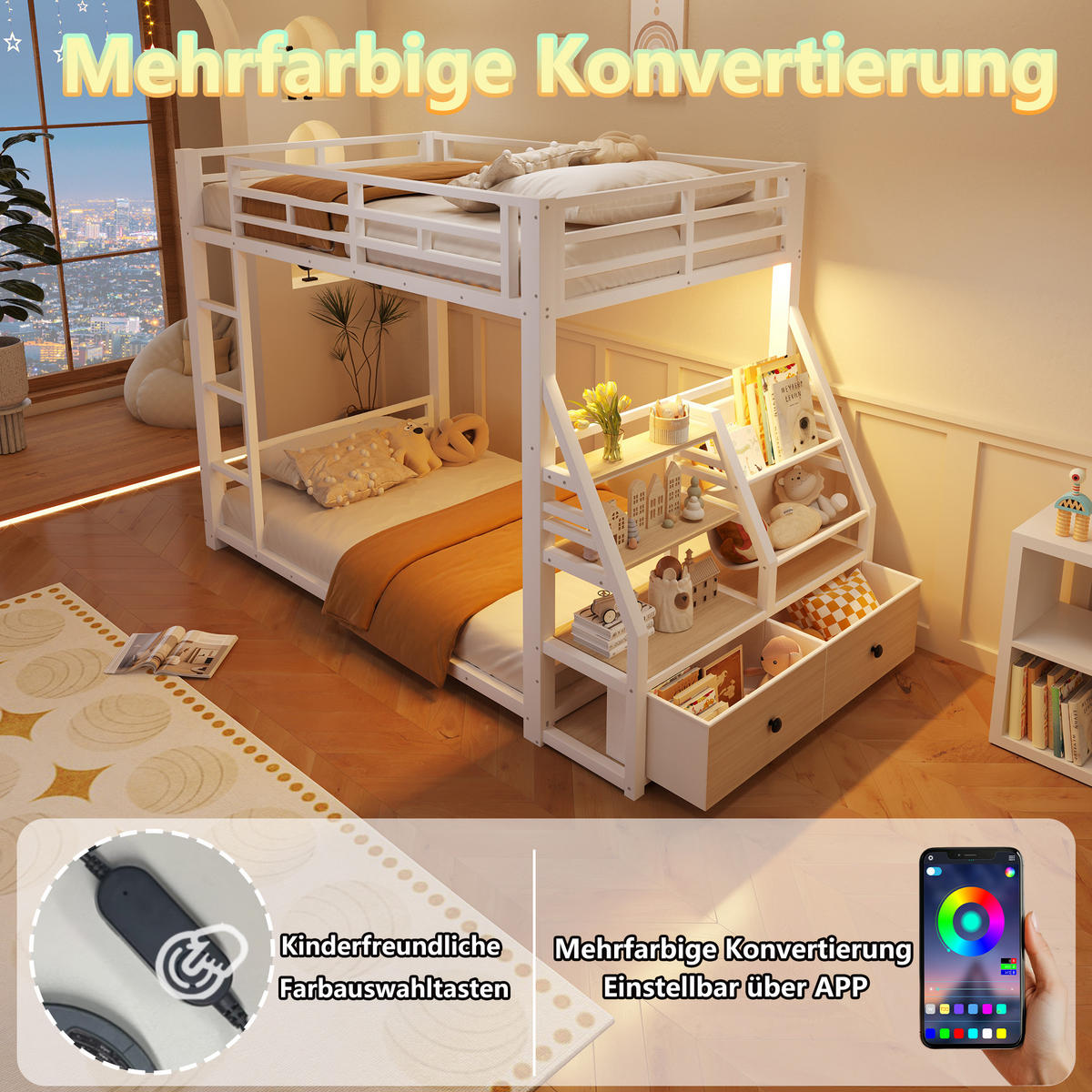 ETAGENBETT 90/200 cm & 90/200 cm in Weiß mit 2 Stoffschubladen, LED und Ablagen - Weiß, Holzwerkstoff/Metall (90/200cm) - STILVORA
