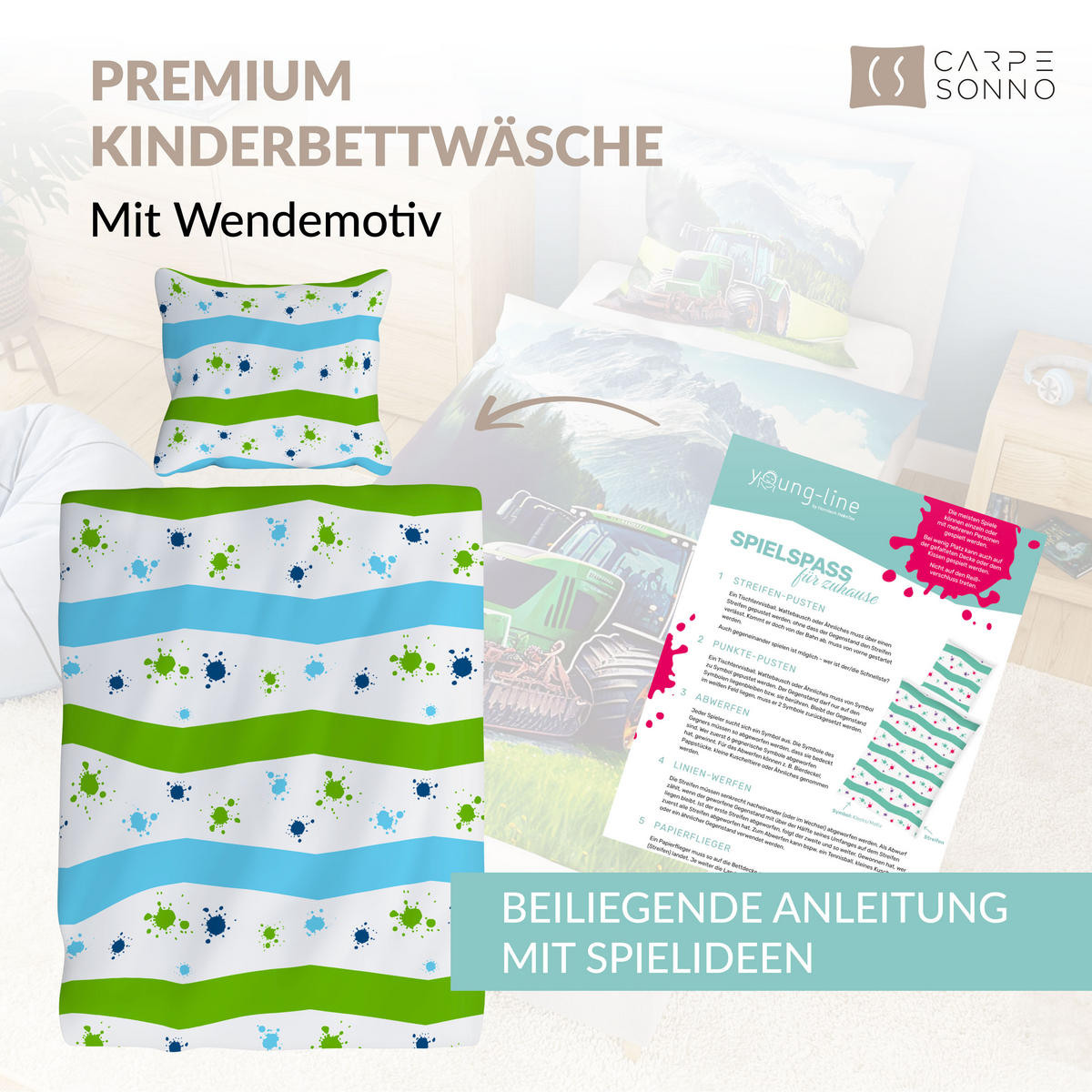 KINDERBETTWÄSCHE 135x200 cm Traktor Schlepper aus 100% Baumwolle - Leuchtet um Dunkeln - Grün, Textil (135/200cm) - Carpe Sonno