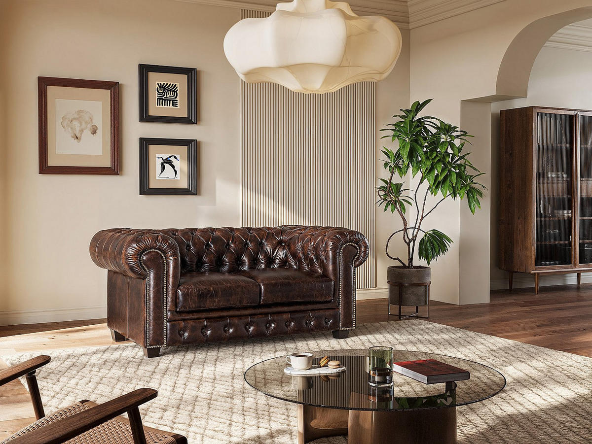 CHESTERFIELD Ledersofa 2-Sitzer - Büffelleder - Braun - BRENTON - Dunkelbraun, Leder (160/73/96cm) - Vente-Unique