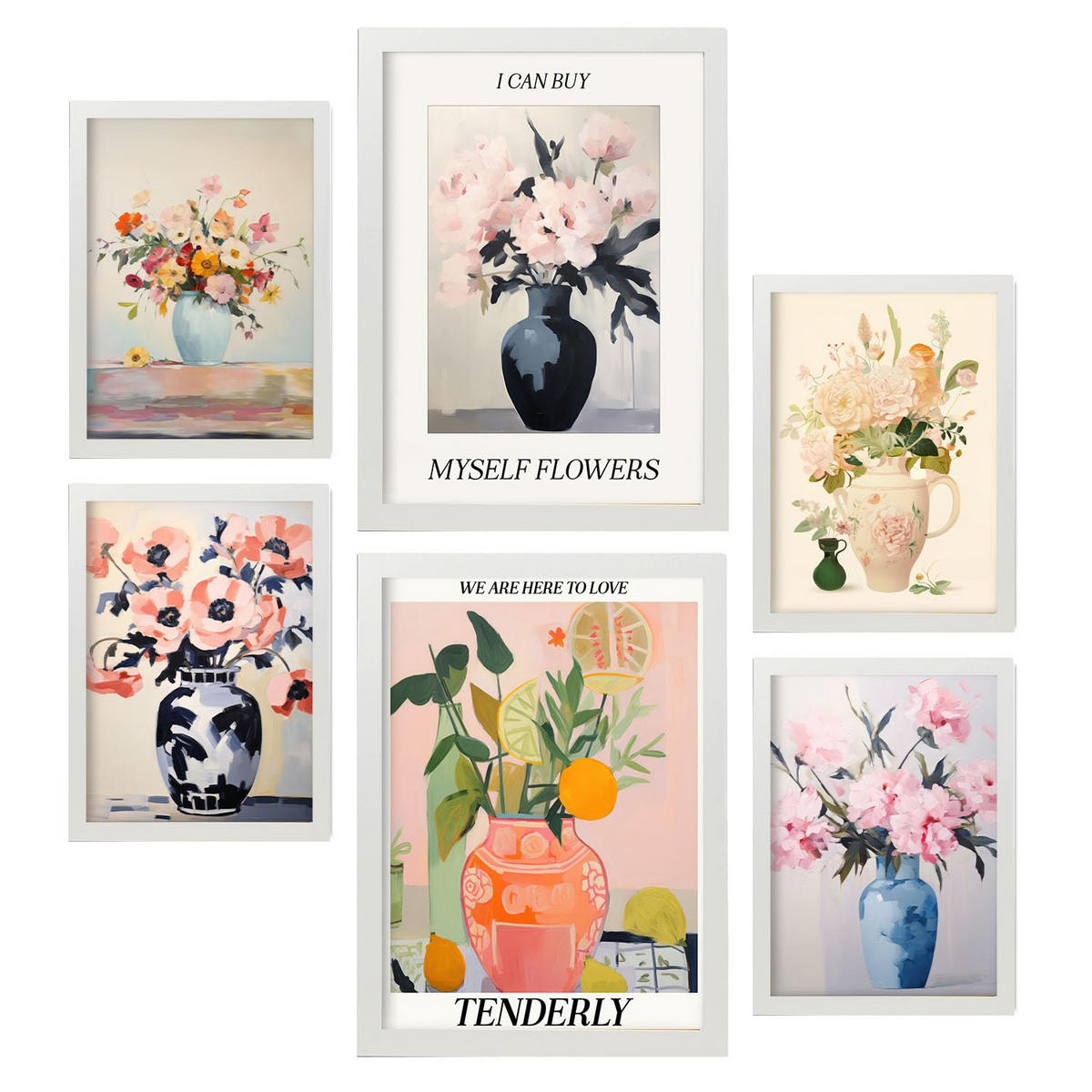 POSTER Set Mit 6 Lebendige Vasen In Vielseitiger Stil A3 & A4 Weißer Rahmen - Weiß, Papier (29/3cm) - Nacnic