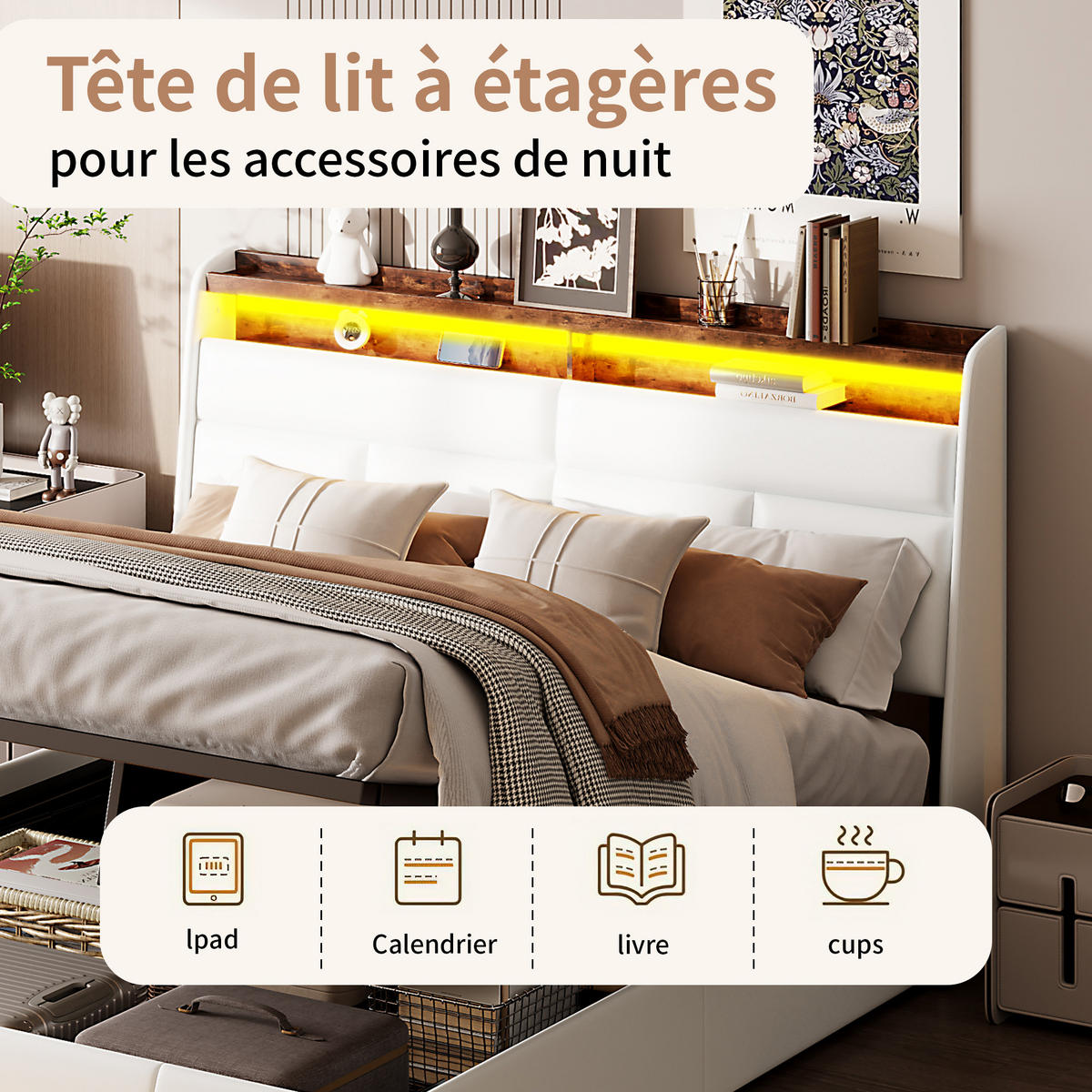 POLSTERBETT 140x200 cm, Weiß, mit Lattenrost & Stauraum, Doppelbett mit LED, Kunstleder - Weiß, Textil/Metall (140/200cm)