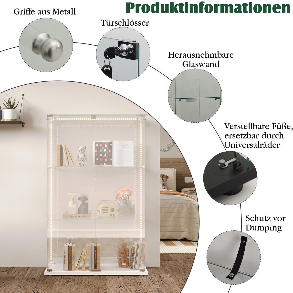 VITRINE Weiß Mit LED, 2 Türen, 3 Böden, Glas-Schrank Für Wohnzimmer - Weiß, Holz (35/123.3/78.5cm)