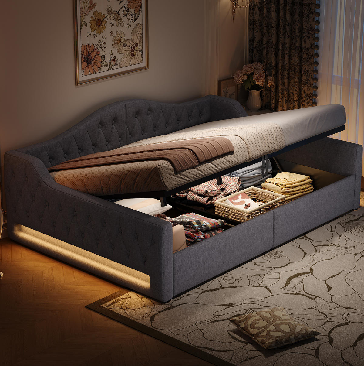 POLSTERBETT 140/200 cm aus MDF und Sperrholz mit LED-Beleuchtung und Stauraum Grau - Grau, Holzwerkstoff (140/200cm) - Modenvie