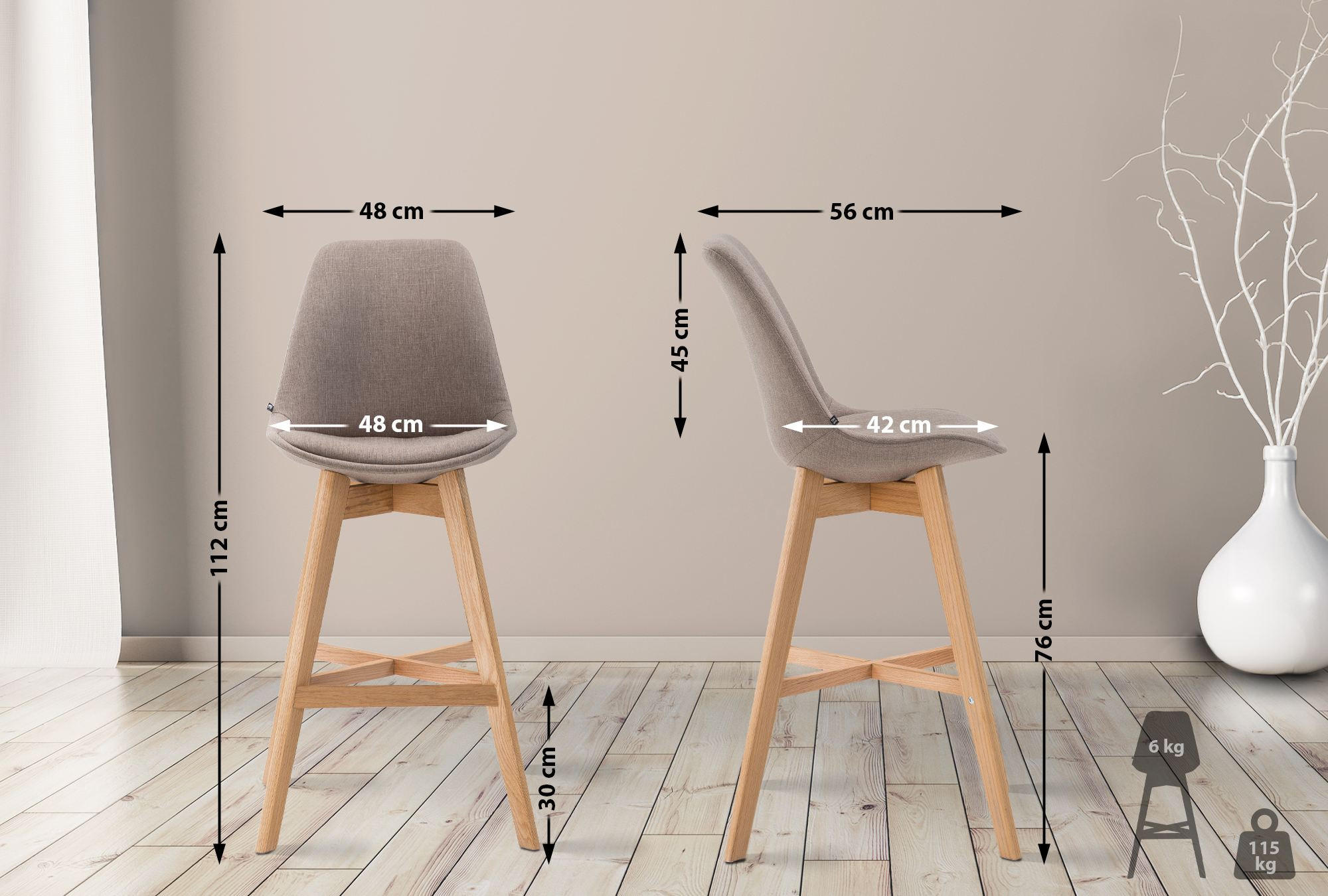 BARHOCKER 2er Set Stoff taupe - Taupe/Eukalyptusholzfarben, Holz/Textil (48/112/56cm) - CLP