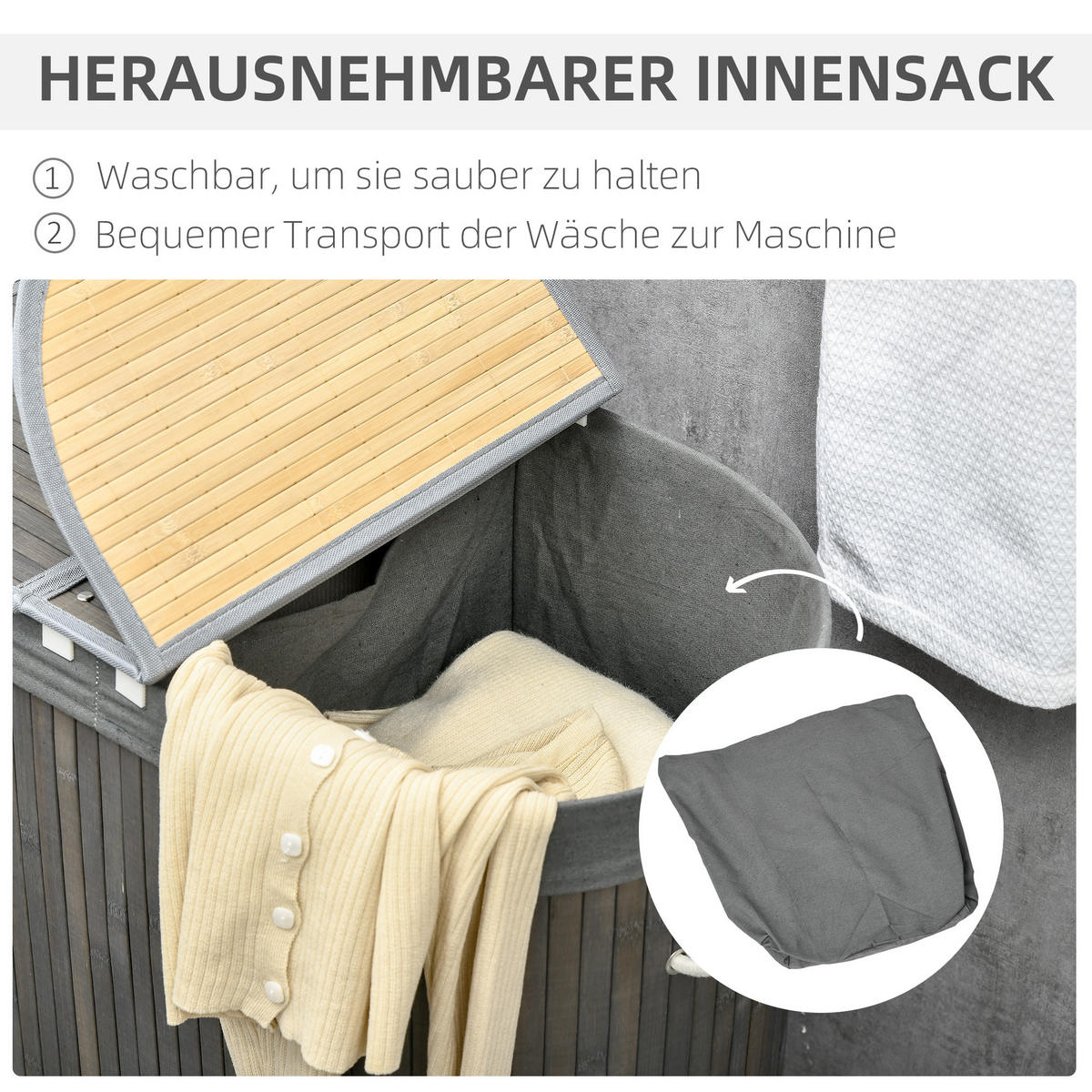 WÄSCHEKORB mit Deckel 100L, Bambus, Grau - Grau, Naturmaterialen (62.5/60.5/37cm) - HOMCOM