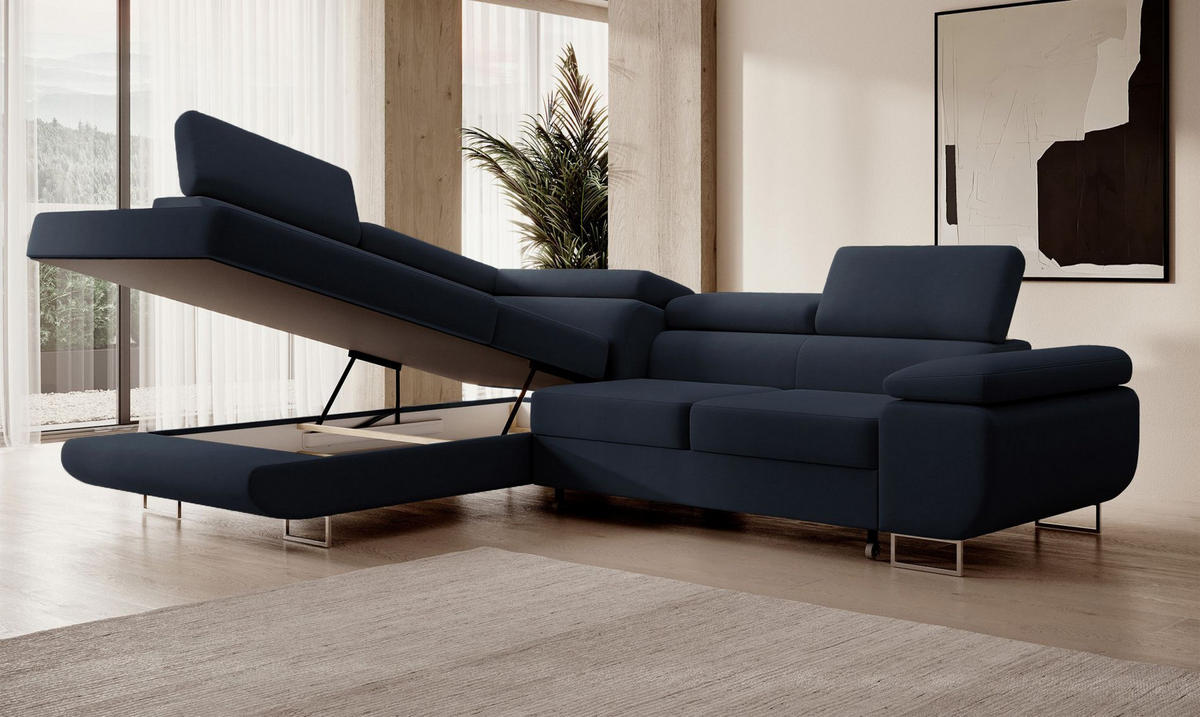 ECKSOFA Stevil Dunkelblau Velours - Silberfarben/Dunkelblau, Textil/Metall (275/203cm) - Selsey