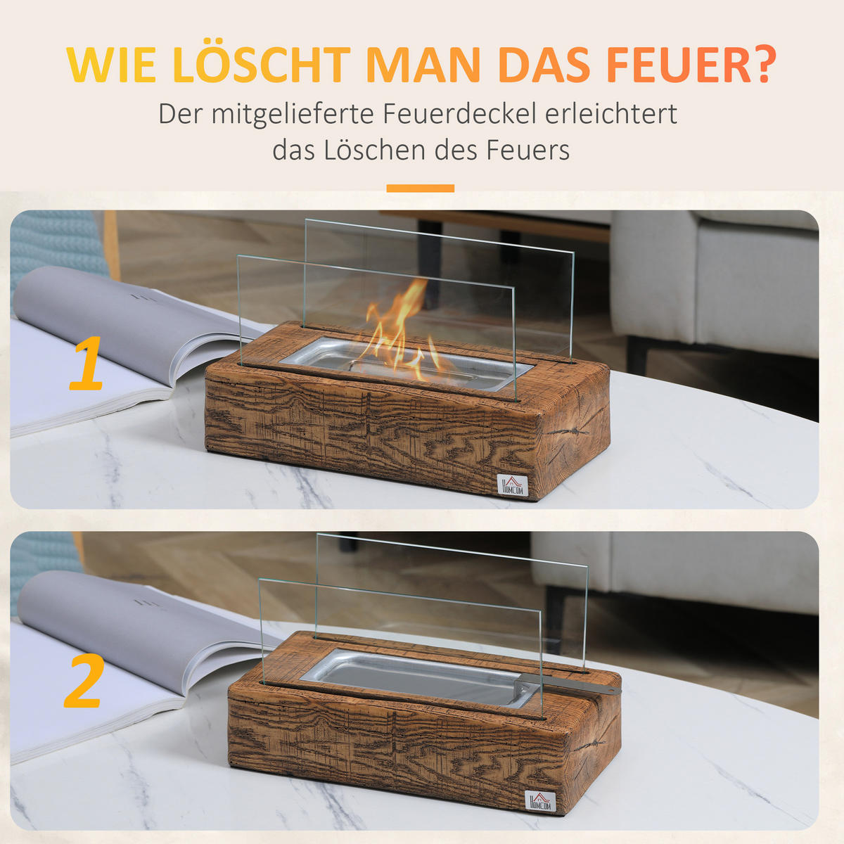 ETHANOL Kamin, 1000BTU Tischfeuer, mit Feuerdeckel, Edelstahl, Naturholz - Naturfarben, Metall (16/18/33cm) - HOMCOM