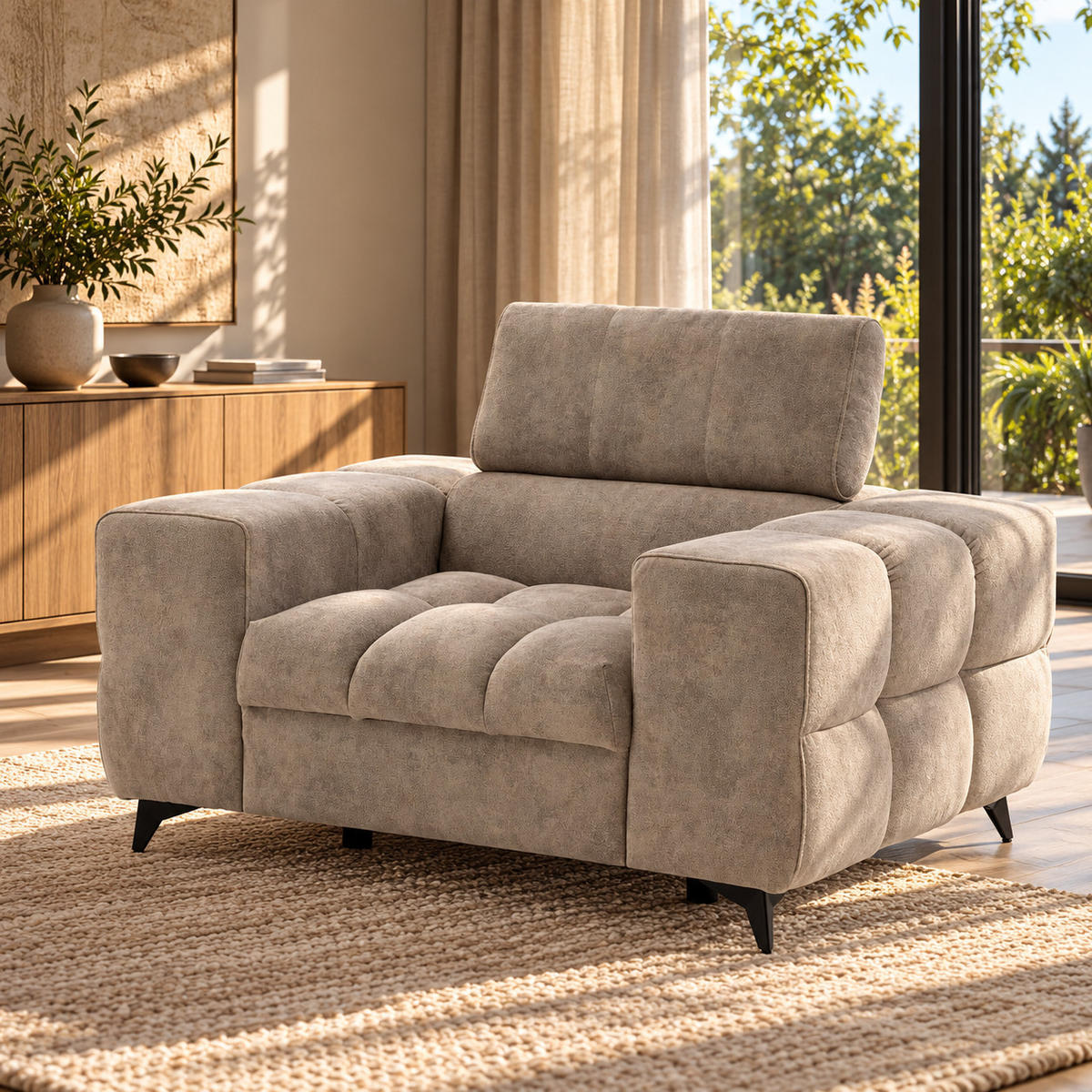 SESSEL PUDDING mit verstellbare Kopfstütze Velours Beige - Beige/Schwarz, Holz/Textil (140/93/100cm) - Muffo