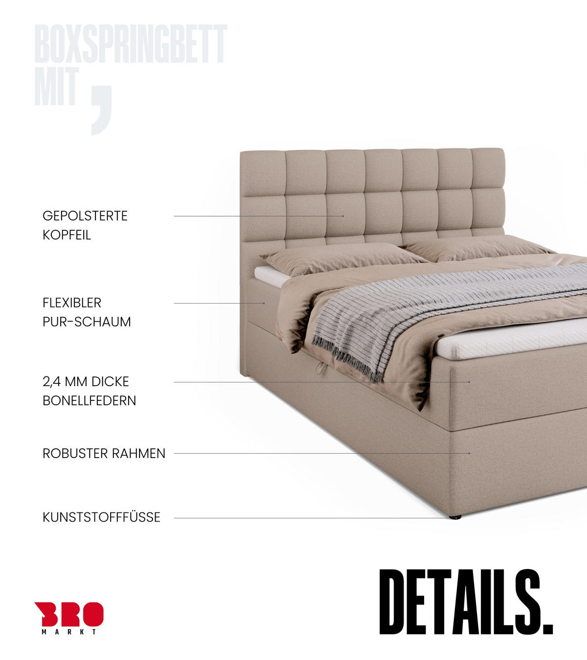 BOXBETT Dakota mit Topper 140/200 Beige - Beige, Textil (140/200cm) - Bromarkt