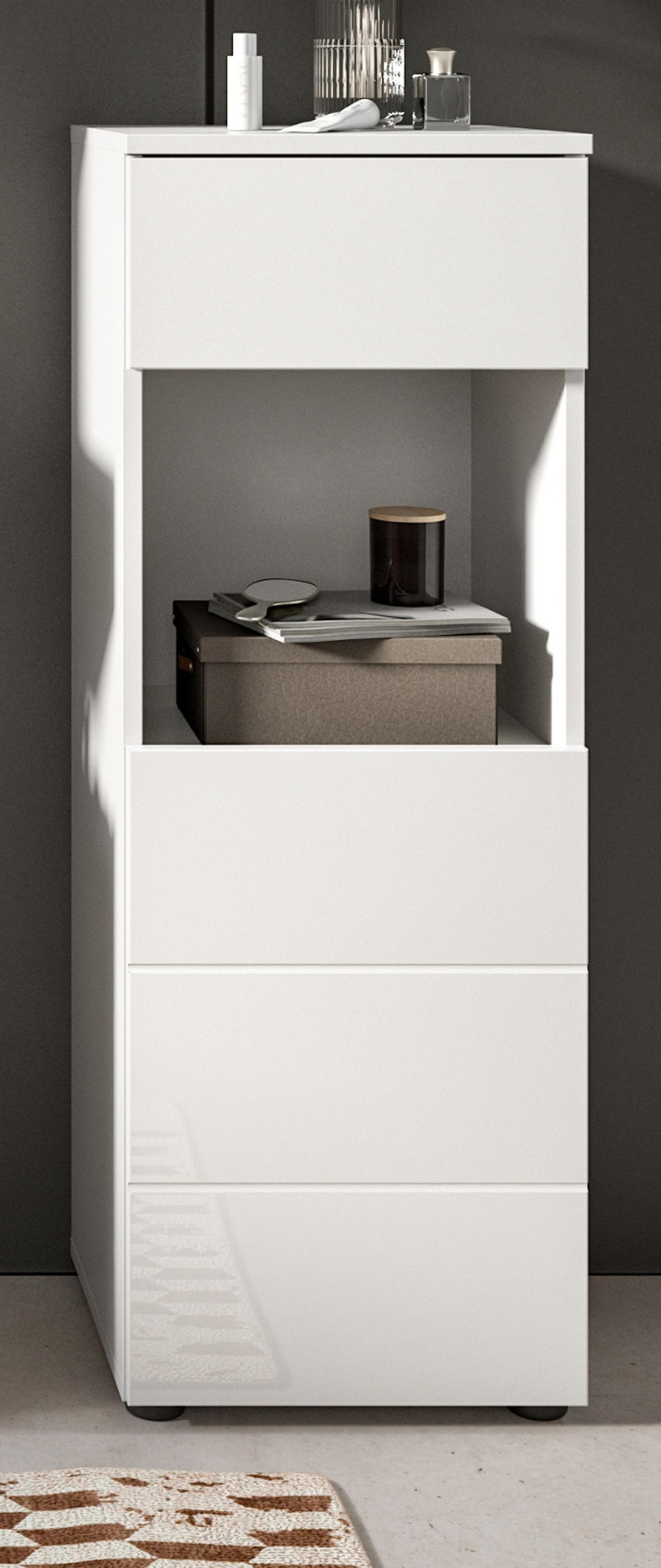 BADSCHRANK weiß Hochglanz 38 cm, Badezimmer Kommode mit Schubkasten - Weiß Hochglanz/Schwarz, Holzwerkstoff/Kunststoff (38/106/34cm) - Inn.Furn