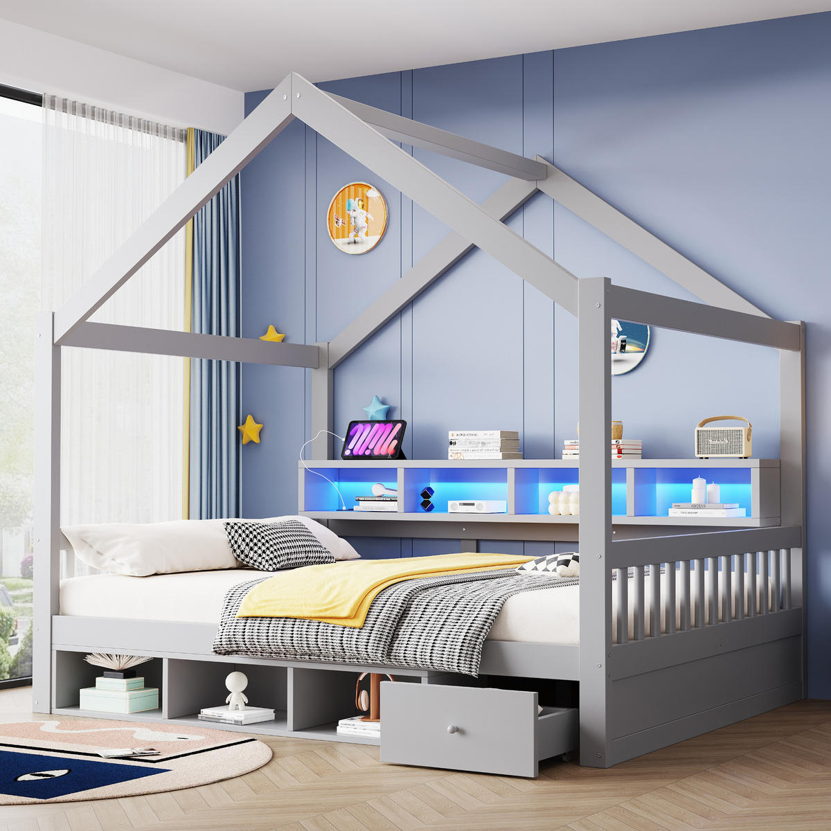 HAUSBETT 140/200 cm mit Dachrahmen und LED, DE-41651, in Grau - Grau, Holzwerkstoff (140/200cm) - ComfortXL