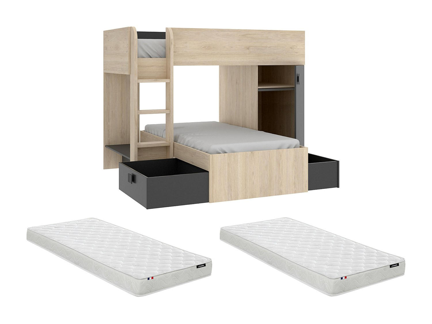 Vente-Unique Etagenbett Natur, Anthrazit 90x190 cm