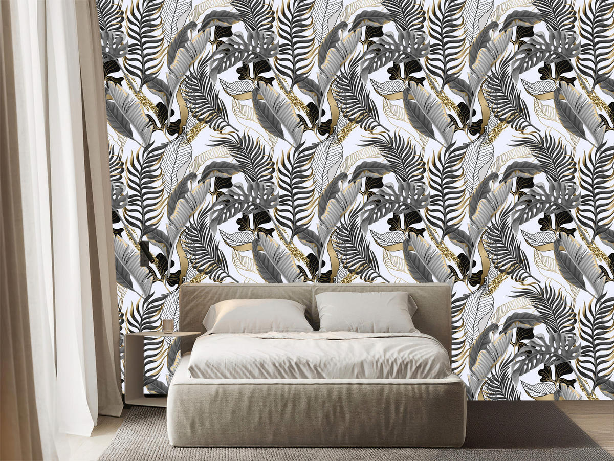 VLIESTAPETE Tropische Blätter – Schwarz, Goldfarben, Weiß – 50x1000 cm - Goldfarben/Schwarz, Papier (50/1000cm) - Muralo