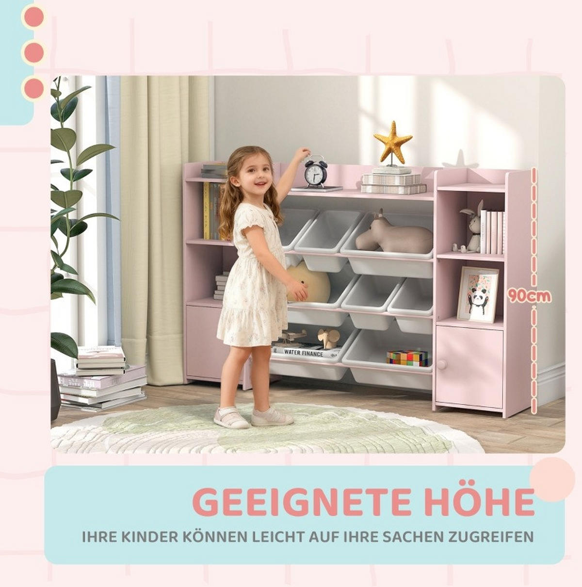 KINDERREGAL 140/30/90 cm rosa aus MDF und Metall mit Boxen - Pink, Holz (140/90/30cm) - OKWISH