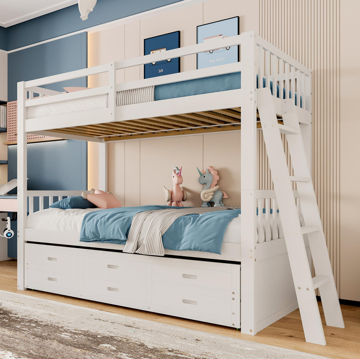 ETAGENBETT 90/200 cm aus Kiefernholz mit Ausziehbett und 3 Schubladen, Weiß - Weiß, Holz (90/200cm) - Flora Grace
