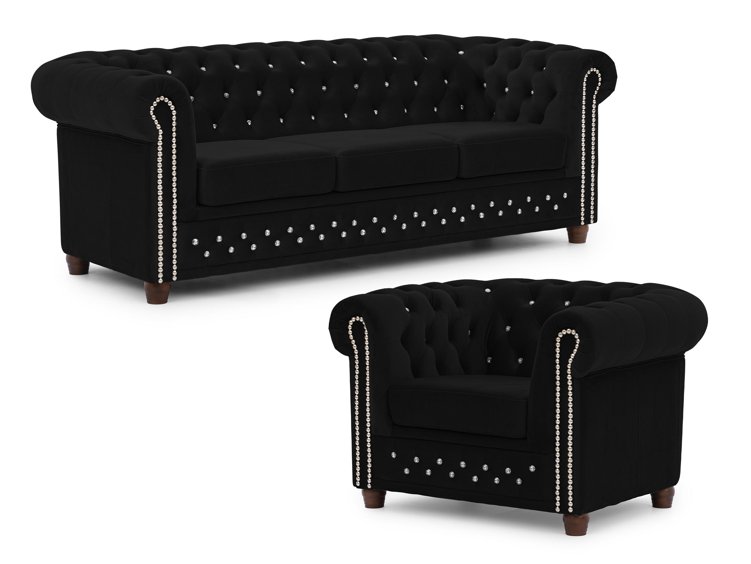 SITZGARNITUR 3+1 Chesterfield Cleo Blink Schwarz Samt mit Kristallsteppung und braunen Massivholzfüßen - Schwarz/Braun, Holz/Textil (203/72/86cm) - S-Style Möbel
