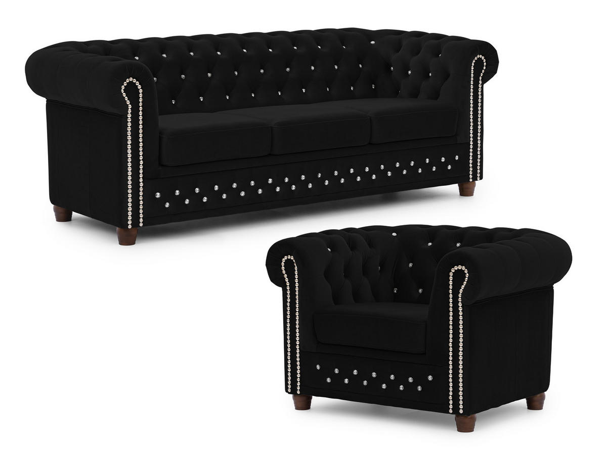SITZGARNITUR 3+1 Chesterfield Cleo Blink Schwarz Samt mit Kristallsteppung und braunen Massivholzfüßen - Schwarz/Braun, Holz/Textil (203/72/86cm) - S-Style Möbel