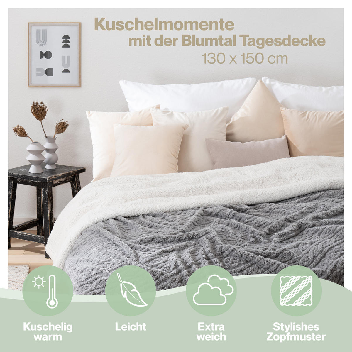 KUSCHELDECKE 130/150 cm, Grau & Beige - Grau/Sonoma Eiche, Textil (130/150cm) - Blumtal