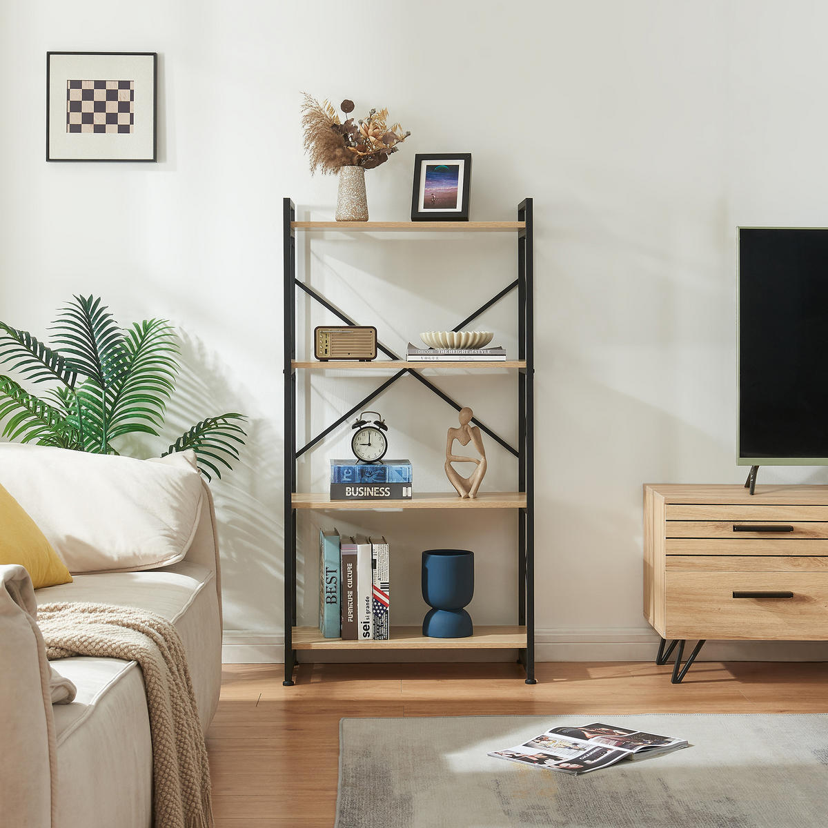 STOJANOVÁ POLICE Skørping - černá/barva dubu, kov/kompozitní dřevo (65/125/30cm) - [en.casa]