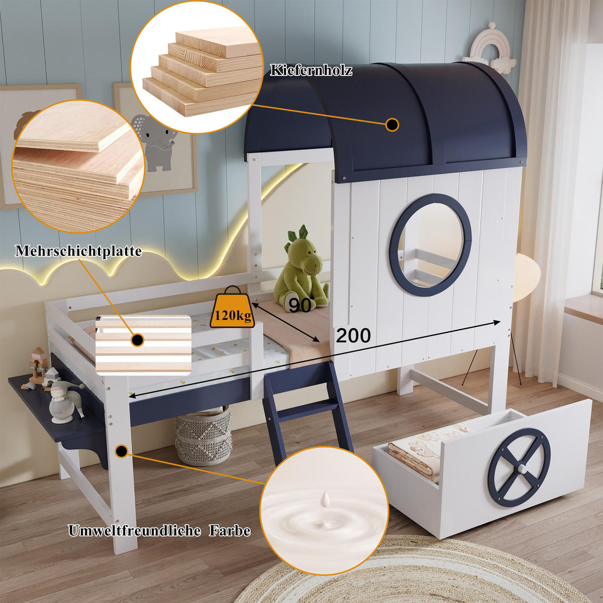 ETAGENBETT 90/200 cm Weiß+Dunkelblau mit Dach und Fenster aus Kiefer und MDF - Weiß, Holzwerkstoff (90/200cm) - OKWISH