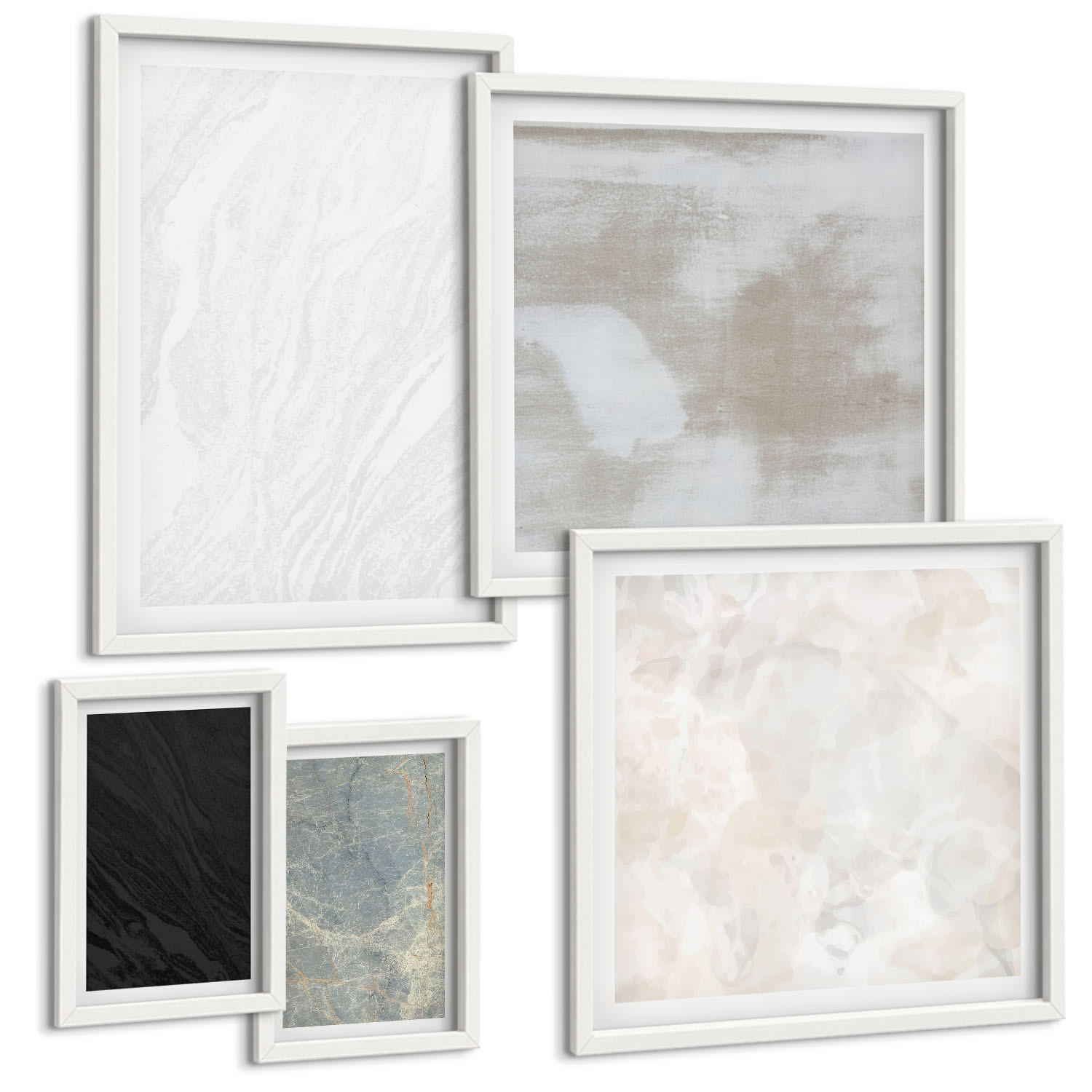 BILDER SET 5er Set - 50x50 cm & 20x30 cm & 40x60 cm Weißer Rahmen - Steintexturen - Weiß, Kunststoff (40/60cm) - TULUP