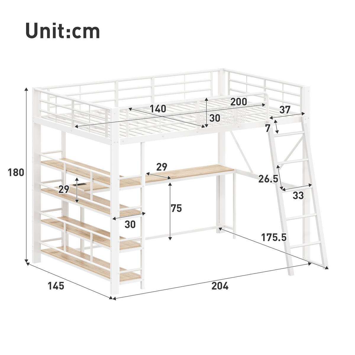 HOCHBETT 140/200 cm in Weiß mit integriertem Schreibtisch, 4-stöckigem Regal, LED und Ladestation aus Metall und MDF - Weiß, Holzwerkstoff/Metall (140/200cm) - STILVORA