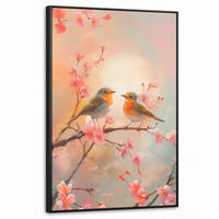 LEINWAND Bilder mit Rahmen - Rotkehlchen - Zierpflanze - Blütenzweig - 60x90 - Hellrosa, Textil (60/90cm) - MuchoWow