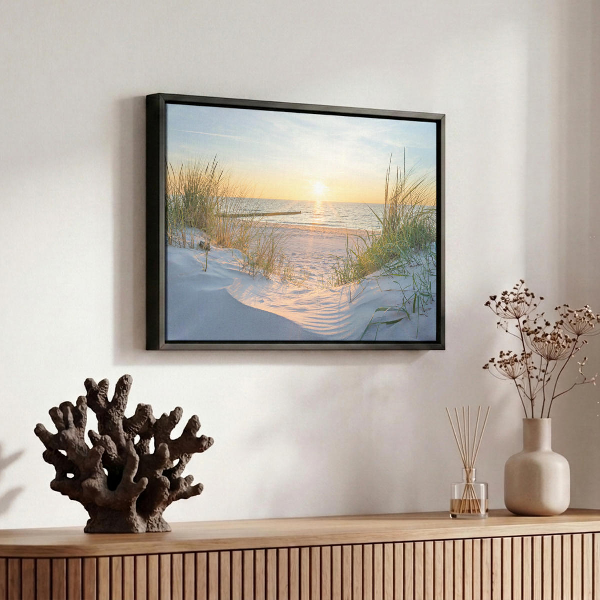 LEINWAND Bilder mit Rahmen - Strand - Sonne - Düne - Gras - Sand - Horizont - 30x20 - Hellblau, Textil (30/20cm) - MuchoWow