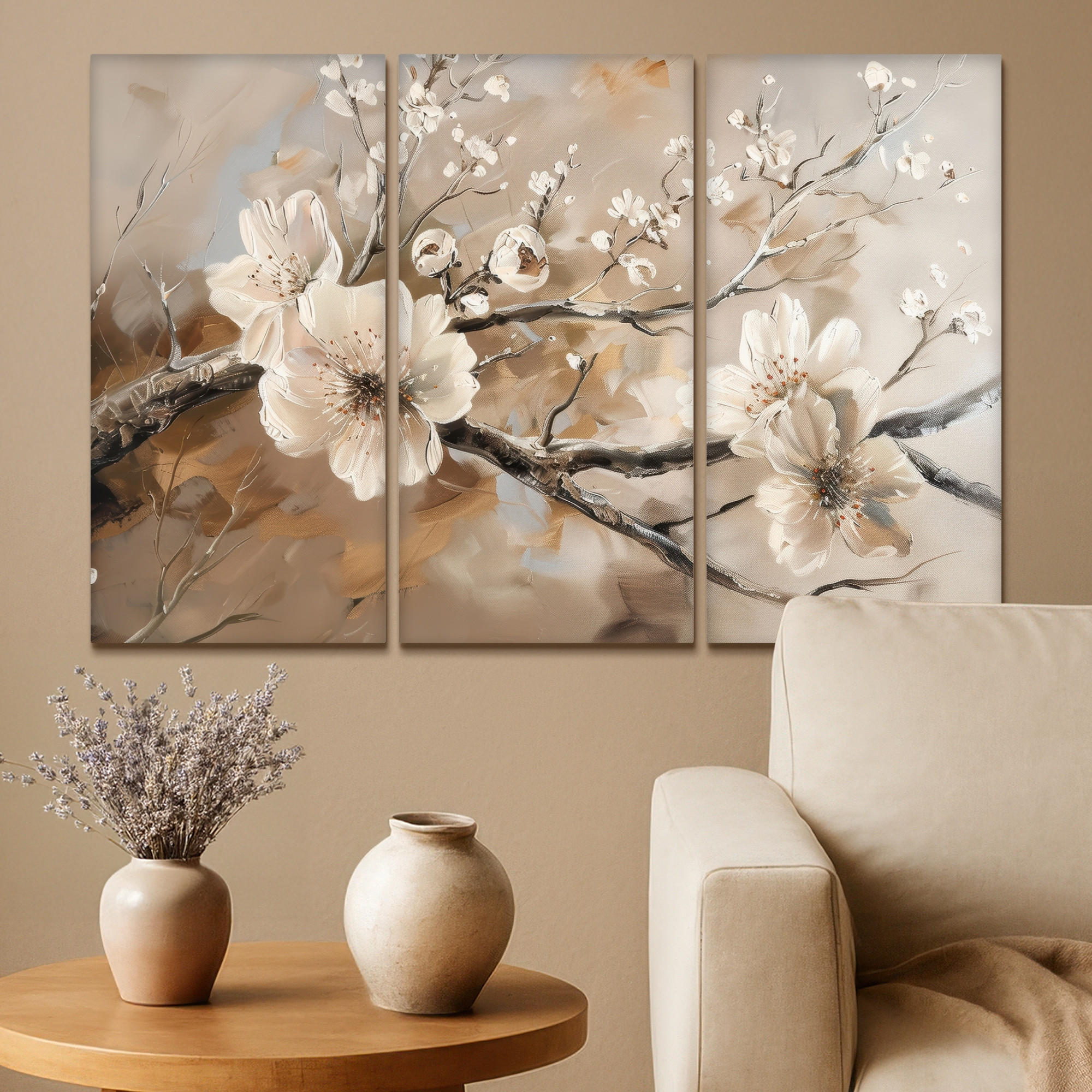 LEINWANDBILD 3er Set Blüte - Beige - Abstrakt - Blumen 90x60 cm - Hellbraun, Textil (90/60cm) - MuchoWow