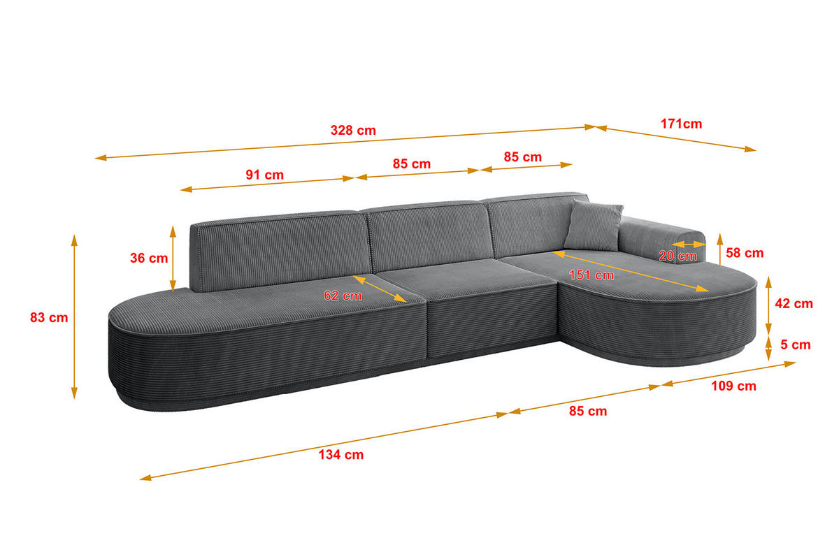 ECKSOFA Ottomane Rechts MARI-L2-v3 - 328x171x83 cm Dunkelgrau Cord - Dunkelgrau/Schwarz, Holzwerkstoff/Kunststoff (171/328cm) - ALTDECOR