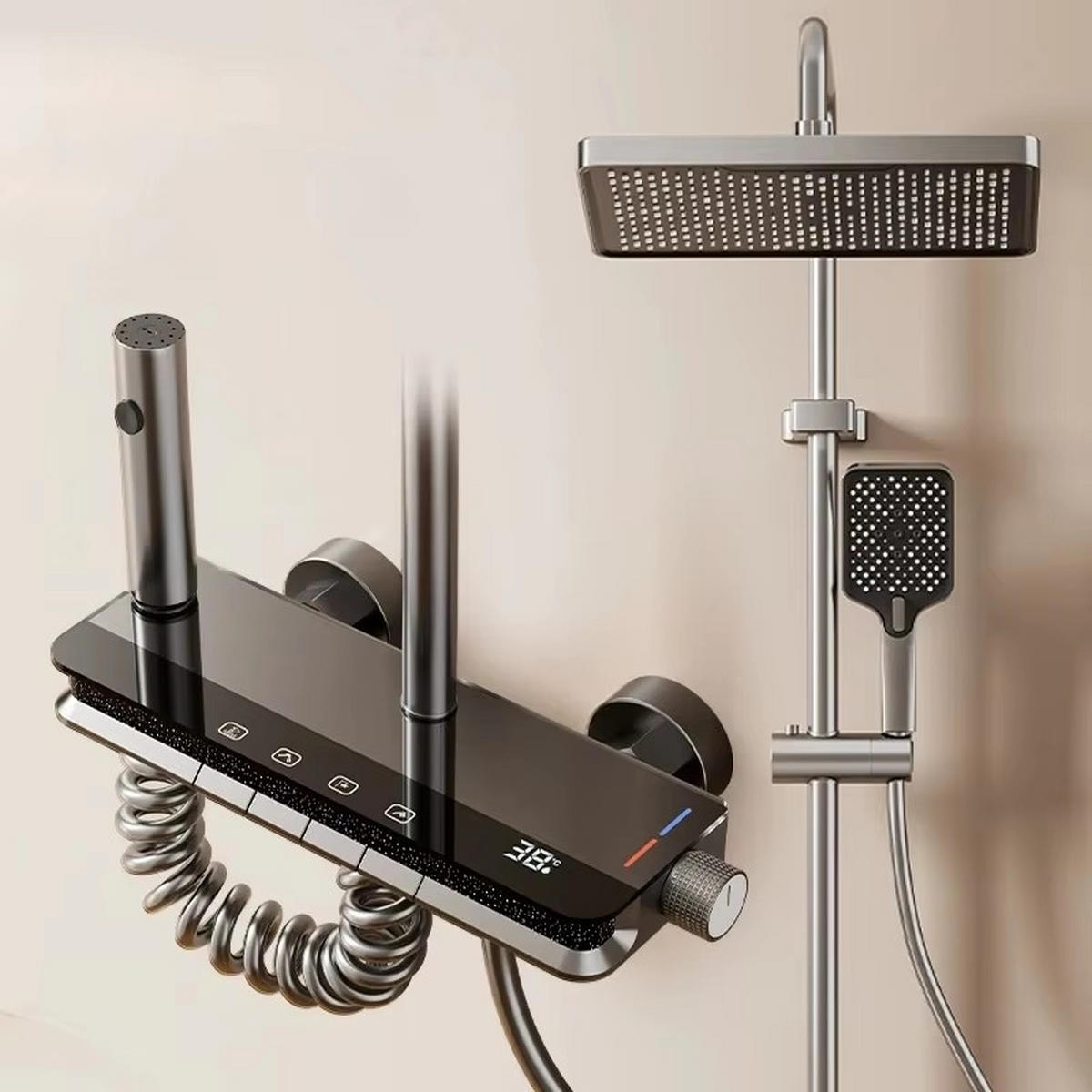ÜBERKOPFBRAUSESET LED Digitalanzeige Messing, grau - Grau, Metall (20/120/30cm) - Bextcok