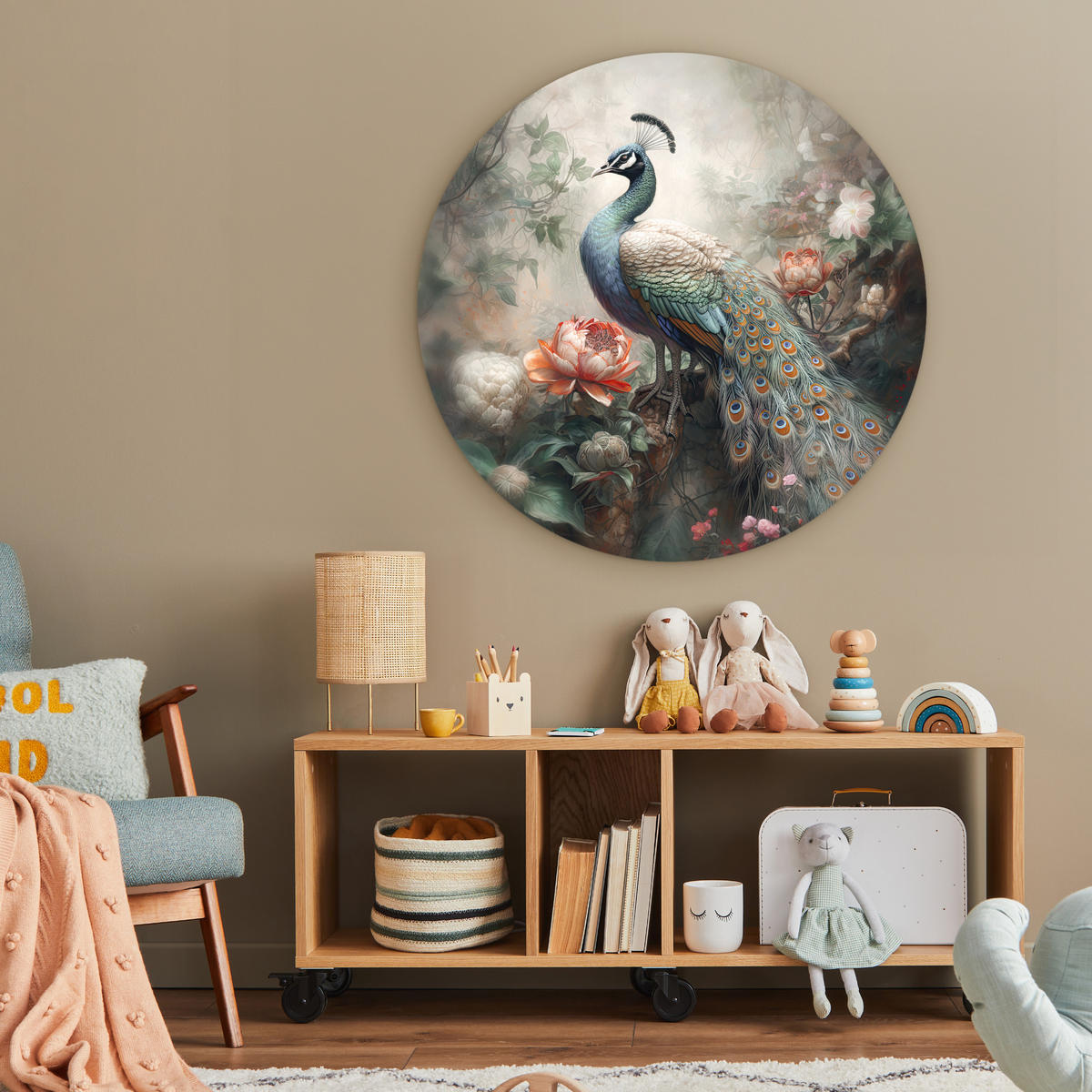 WANDBILD Pfau - Pfauenfedern - Vogel - Dschungel - Blumen 90x90 cm - Smaragdgrün, Kunststoff (90/90cm) - MuchoWow