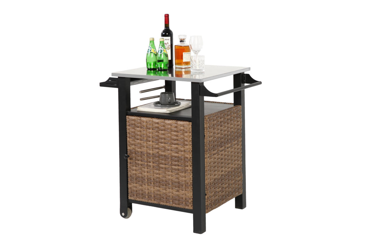 KÜCHENINSEL Barwagen 76x57x85cm braun Korbgeflecht/Edelstahl mit ausklappbarer Platte & Stauraum - Braun, Metall (57/85/76cm) - Modfu