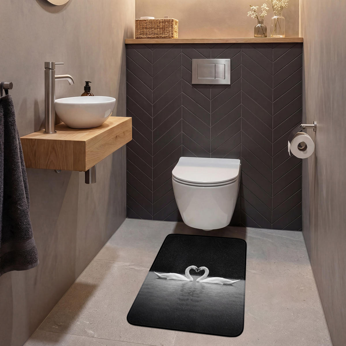 WC PŘEDLOŽKA Labutě - srdce - černá - bílá 50x80 cm - černá, textil/plast (50/1cm) - OnlyWow