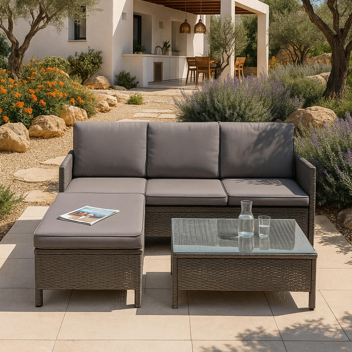 GARTENMÖBEL-SET 3 TLG. - Dunkelgrau, Naturmaterialien - [en.casa]