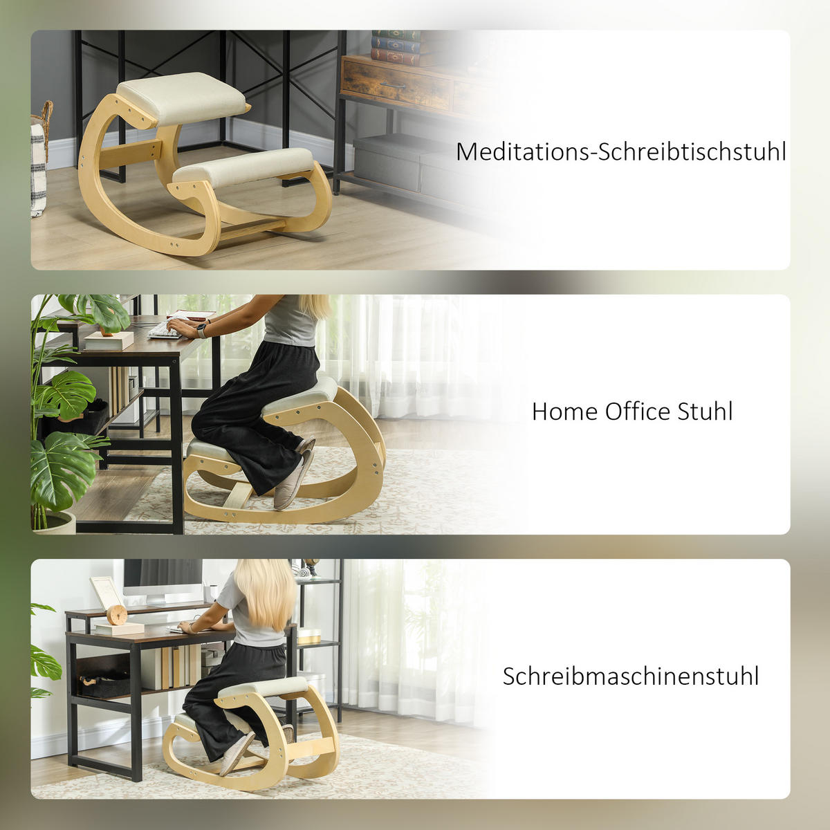 ERGONOMISCHER Kniehocker für Homeoffice, verbessert die Körperhaltung, Creme - Creme, Holz/Textil (85/55/55cm) - HOMCOM