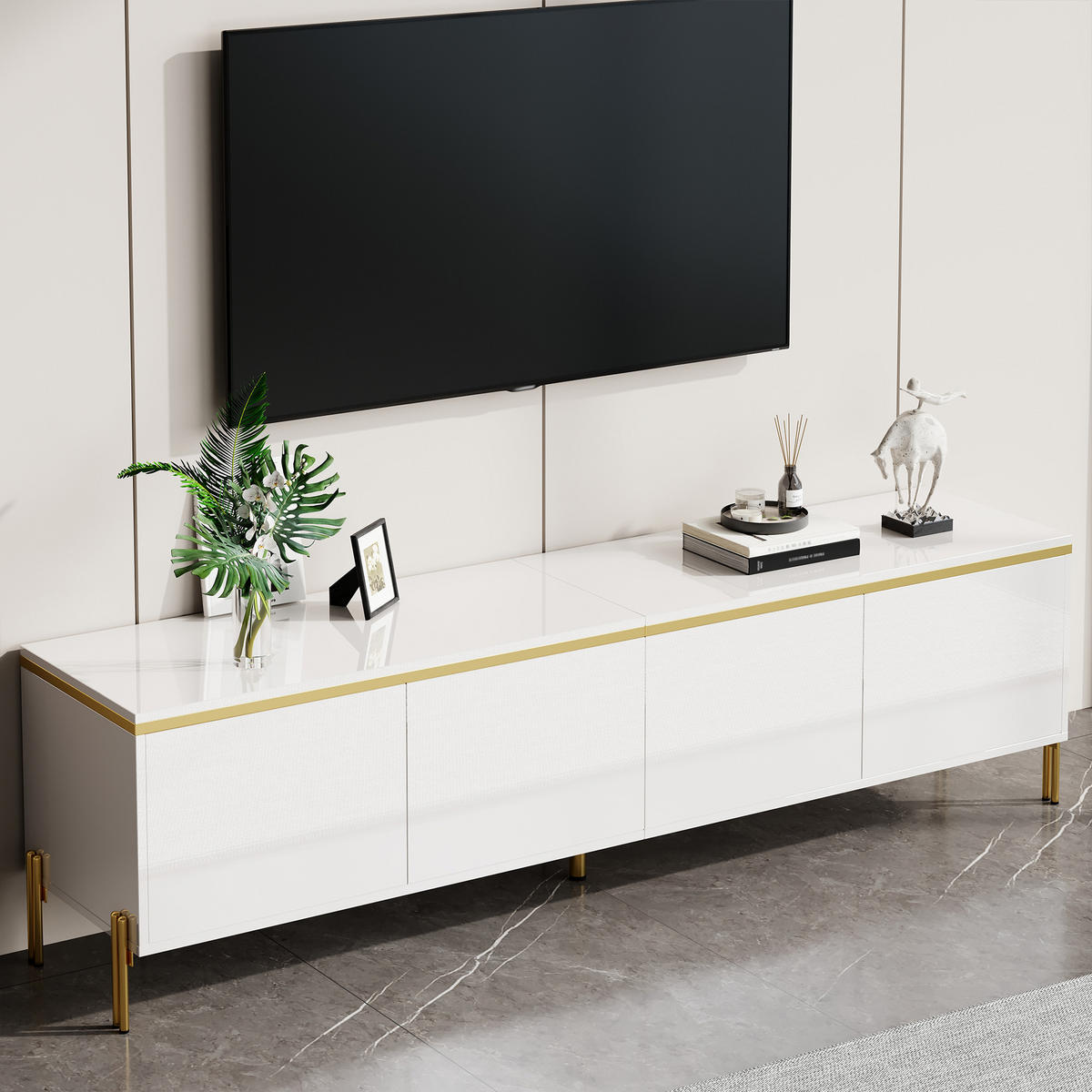 TV-SCHRANK 170/38/50 cm Weiß Hochglanz mit 4 Türen und Kabelmanagement - Weiß, Holzwerkstoff/Metall (170/50/38cm) - Oxeza