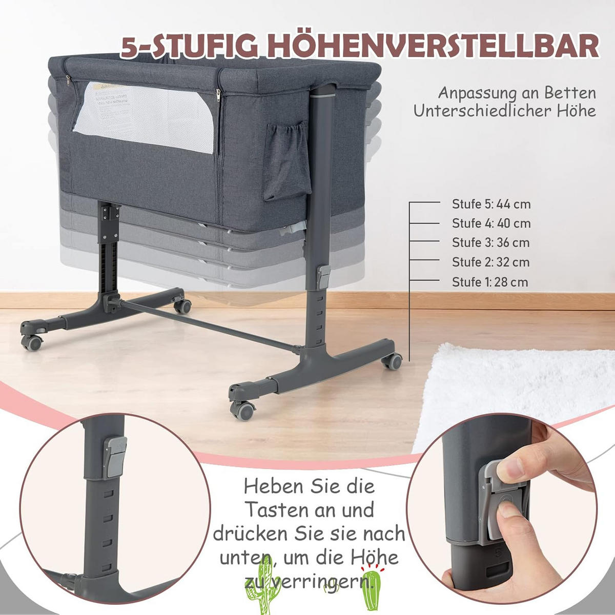 BABYBETT 3 in 1 Beistellbett Grau - Grau, Metall - COSTWAY