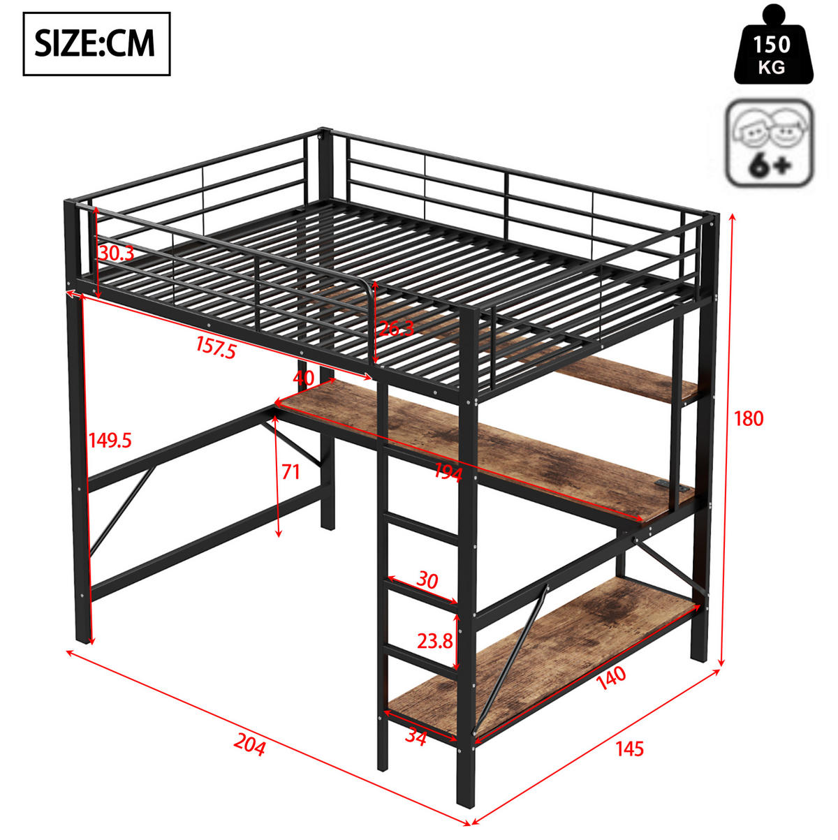 HOCHBETT 140/200 cm Schwarz aus Metall mit Schreibtisch - Schwarz, Metall (140/200cm) - OKMYHOME