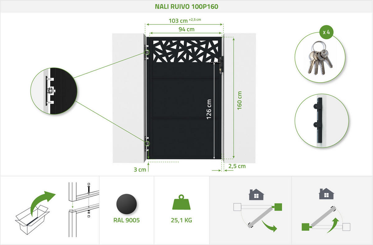 DREHTORPAKET Nali Ruivo Mattschwarz 3m H.160cm + TOR 1m H.160cm - Schwarz, Metall (293/160cm) - Casanoov