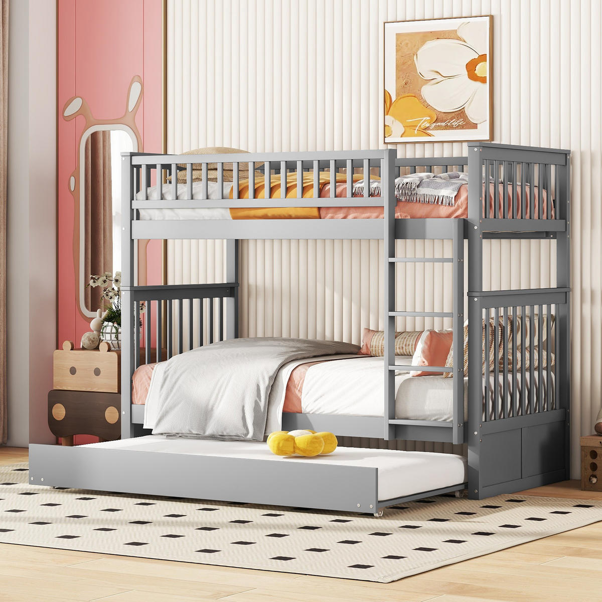 ETAGENBETT 90/200 cm grau mit Ausziehbett und stabiler Treppe - Grau, Holz (90/200cm) - OKWISH