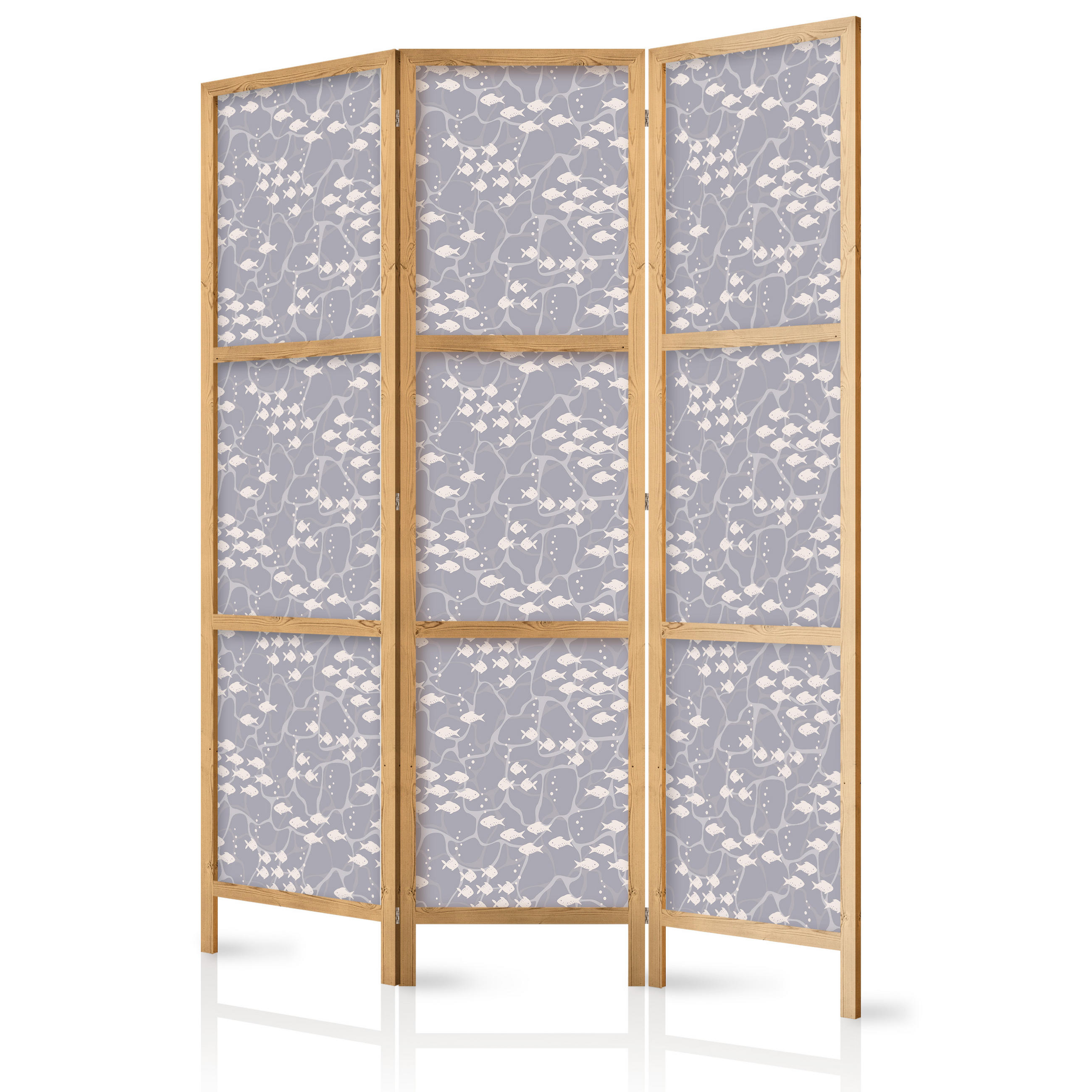 PARAVENT Japanischer 3-tlg 135x172 cm Fischschwarm - Grau, Holz/Textil (135/172/3cm) - Muralo