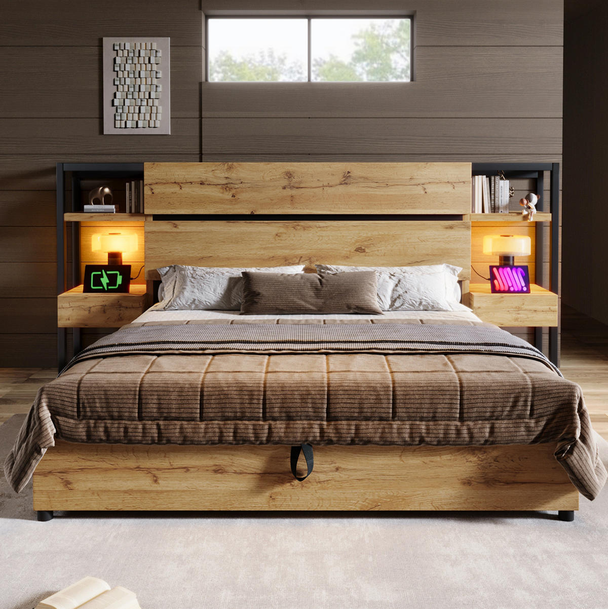 ČALOUNĚNÁ postel z MDF a kovu, 180/200 cm dubová, s úložným prostorem a USB/Type-C - barva dubu, kompozitní dřevo (180/200cm) - BEAOK