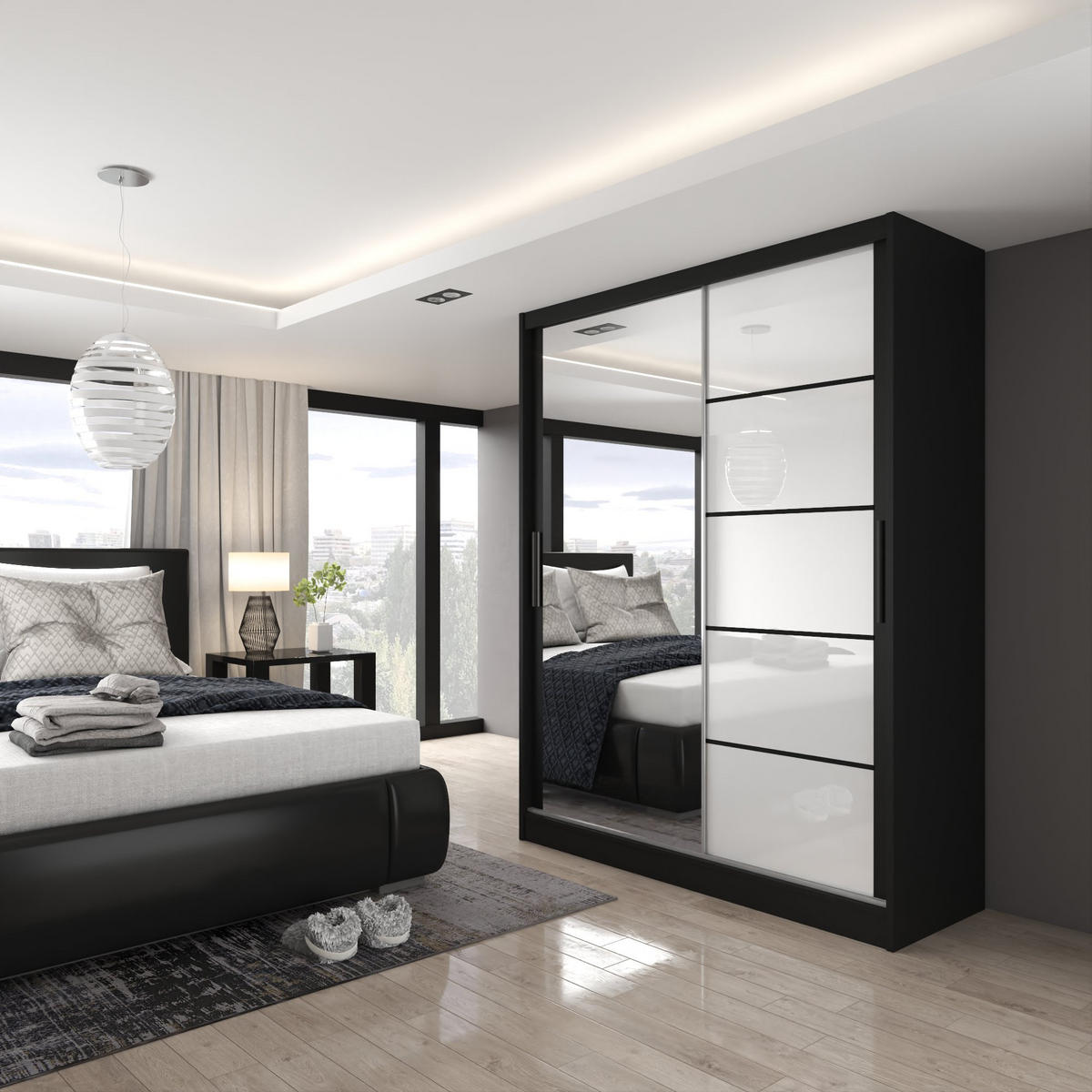 SCHWEBETÜRENSCHRANK Verona MGB, Schwarz/Weiß Hochglanz, 133 cm, mit Spiegel - Weiß, Holz (133/216/60cm) - B BELINI GROUP