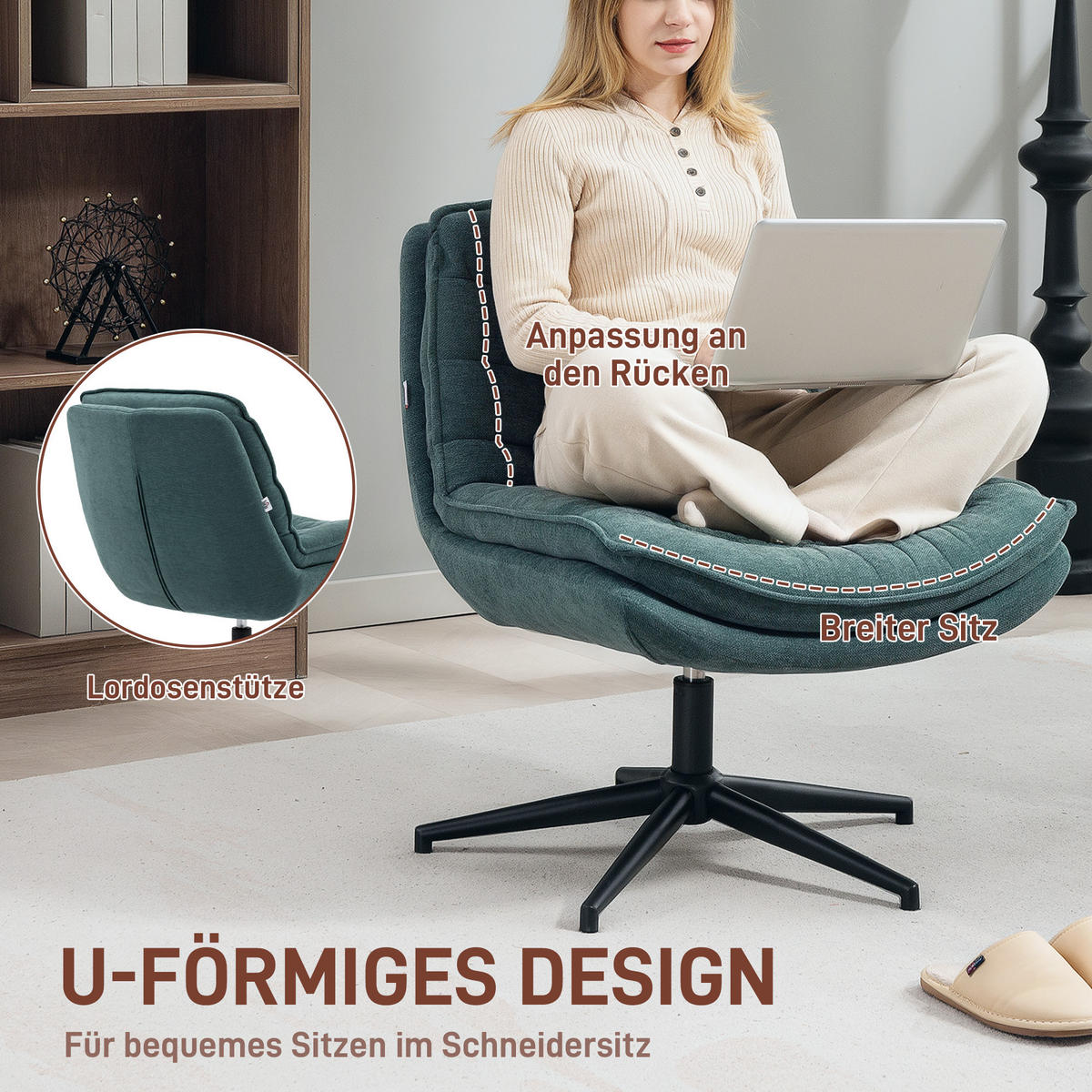BÜROSTUHL DE-05034 Drehbar mit breitem Sitz, gepolstert Dunkelgrün - Dunkelgrün, Metall (65.5/80/76cm) - ComfortXL
