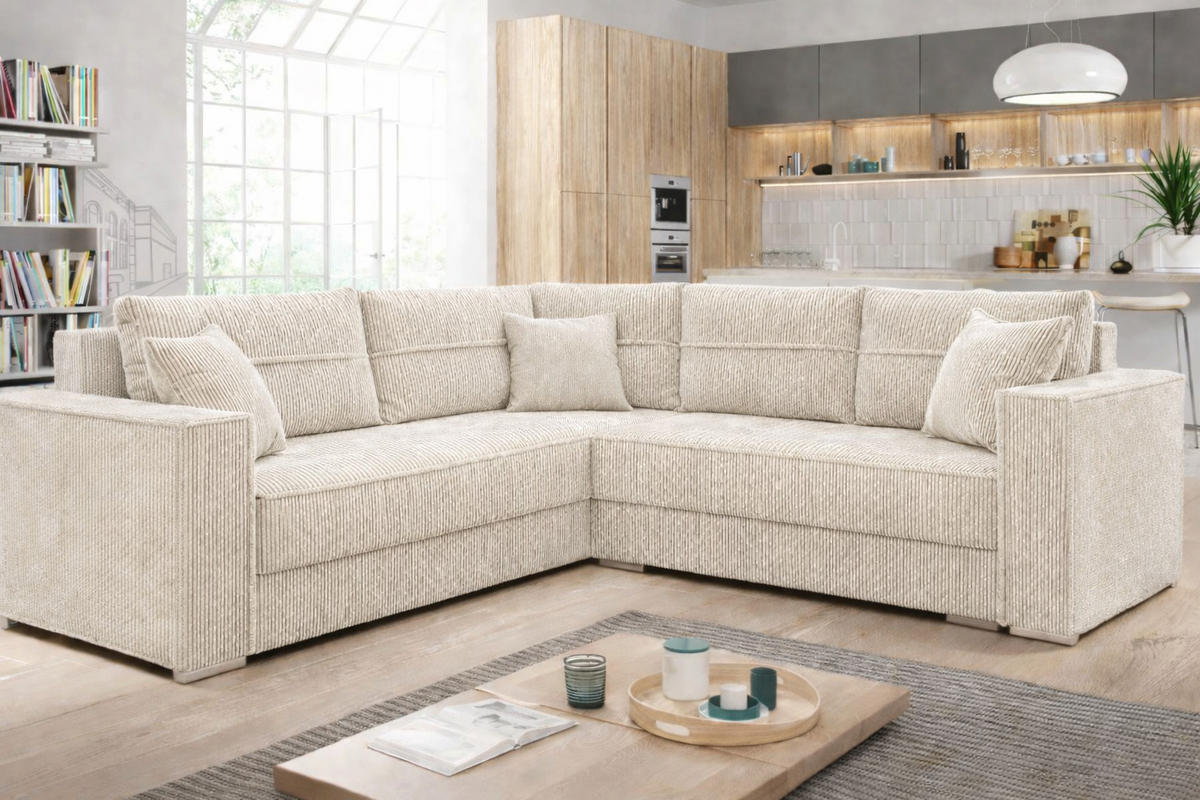 ECKSOFA PARIS – L-Form mit Schlaffunktion & Bettkasten Flauschiger Cord Stoff POSO Beige - Beige, Kunststoff (239/222cm) - Wohnideebilder
