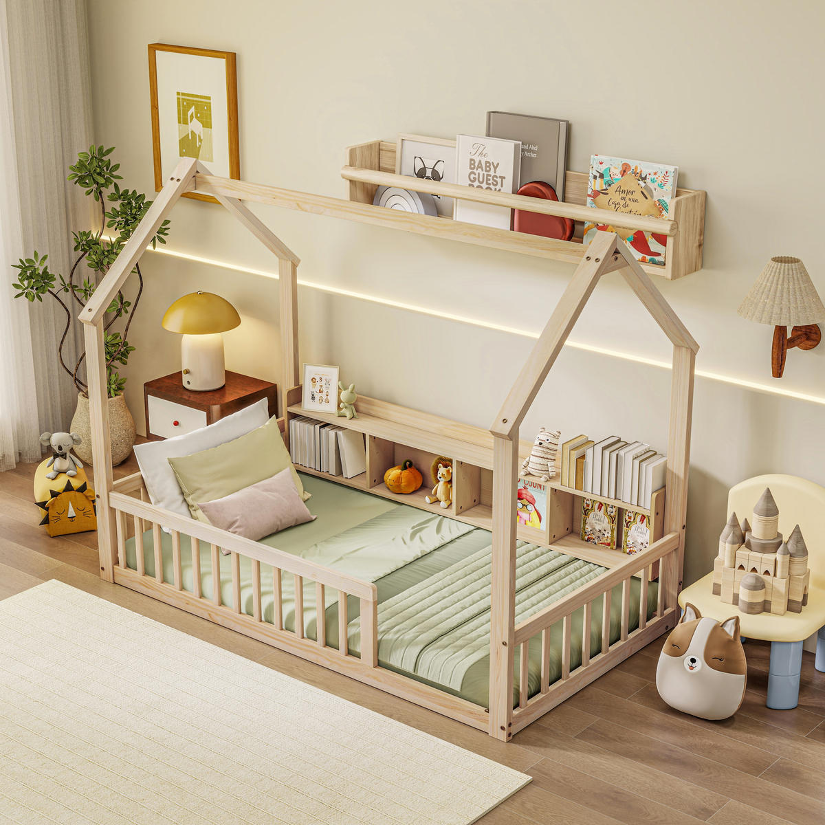 HAUSBETT 90/200 cm mit Ablagefächern, DE-41877, in Natur - Naturfarben, Holz (90/200cm) - ComfortXL