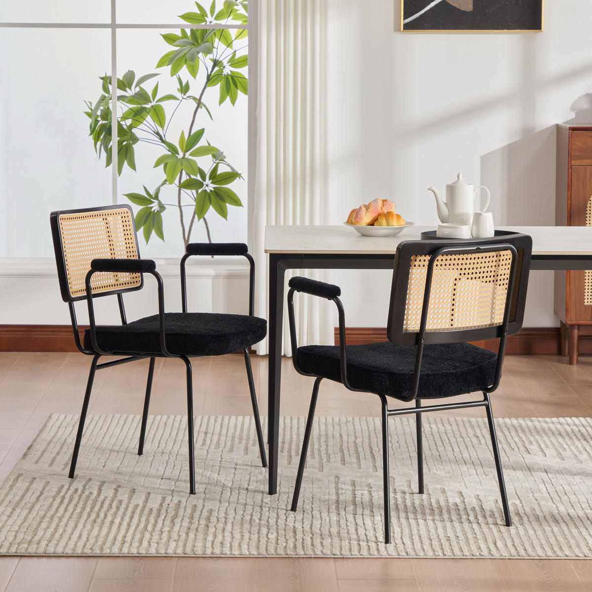 ARMLEHNSTUHL-SET DE-36881 2 Stück mit Chenille-Polsterung und Rattan-Optik Schwarz - Schwarz, Metall (58/82/62.5cm) - ComfortXL