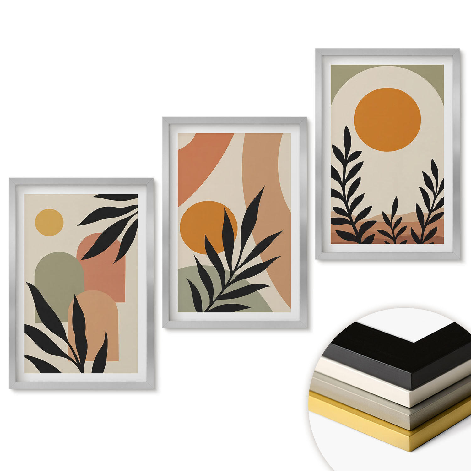 WANDBILDER 3er Set - 40x60 cm Silberner Rahmen - Abstrakte Pflanzenformen - Silberfarben, Kunststoff (40/60cm) - ArtPrintCave